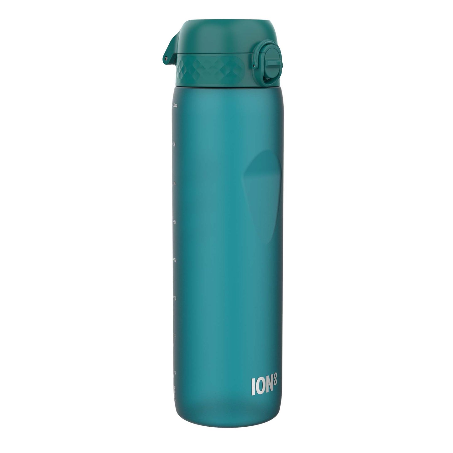 A teal water bottle stands upright against a white background. The bottle has measurement markings and the logo "ION8".