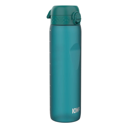 A teal water bottle stands upright against a white background. The bottle has measurement markings and the logo "ION8".