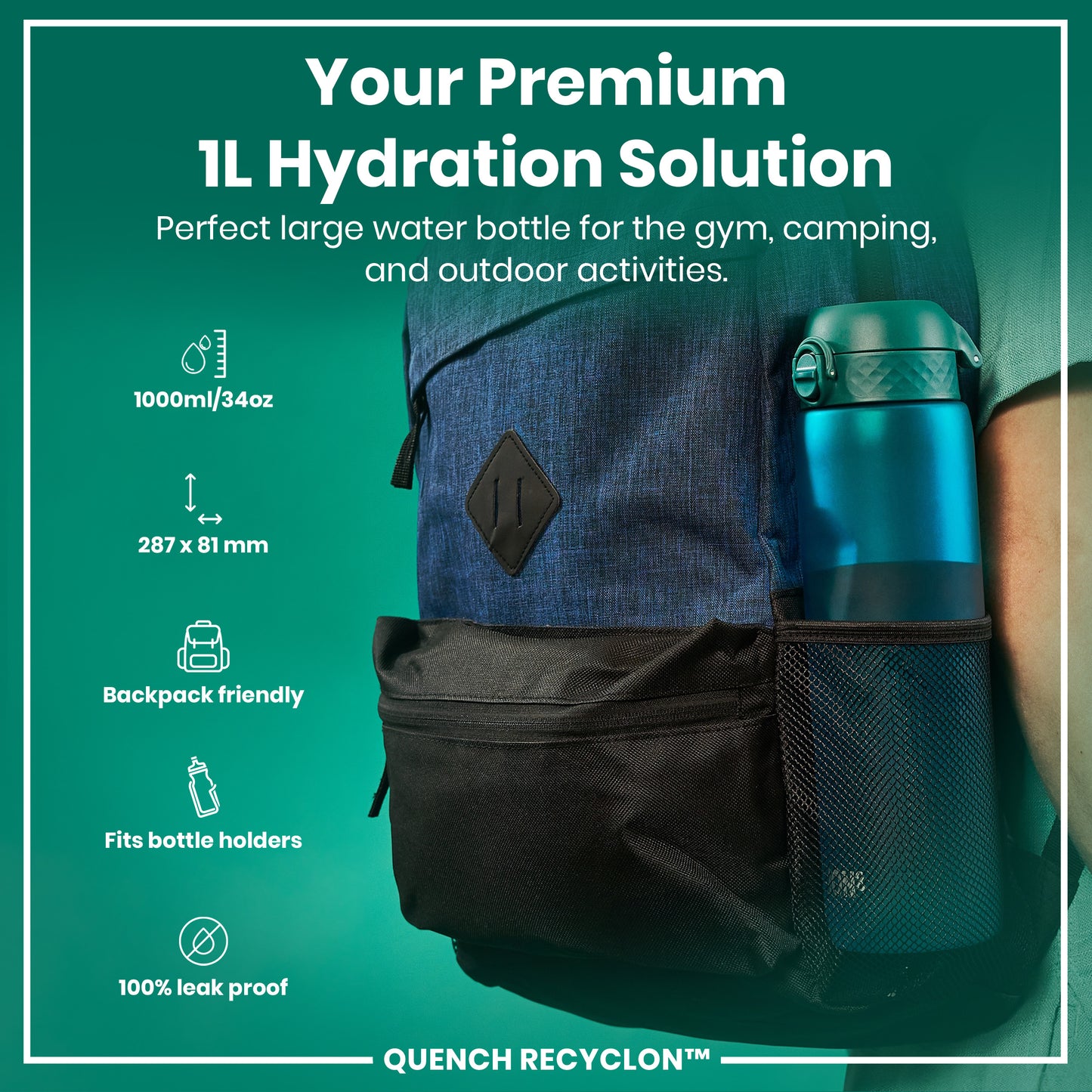 A teal 1L water bottle fits inside a backpack's mesh pocket. The bottle is 287 x 81 mm and 100% leak proof. It's marketed as a hydration solution for gym, camping, and outdoor use.