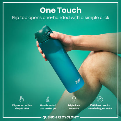 A teal water bottle is held; its flip top opens one-handed. The context is a promotional graphic highlighting ease of use and leakproof design. "One Touch," "Flips open with a simple click," "One-handed use on the go," "Triple lock security," "100% leak proof - no twisting, no leaks," "QUENCH RECYCLON™" are present.