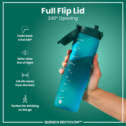 A teal water bottle with a flip lid is held in a hand. The lid folds back 240 degrees; markings indicate volume in milliliters and ounces. The bottle is shown against a green background. QUENCH RECYCLON™