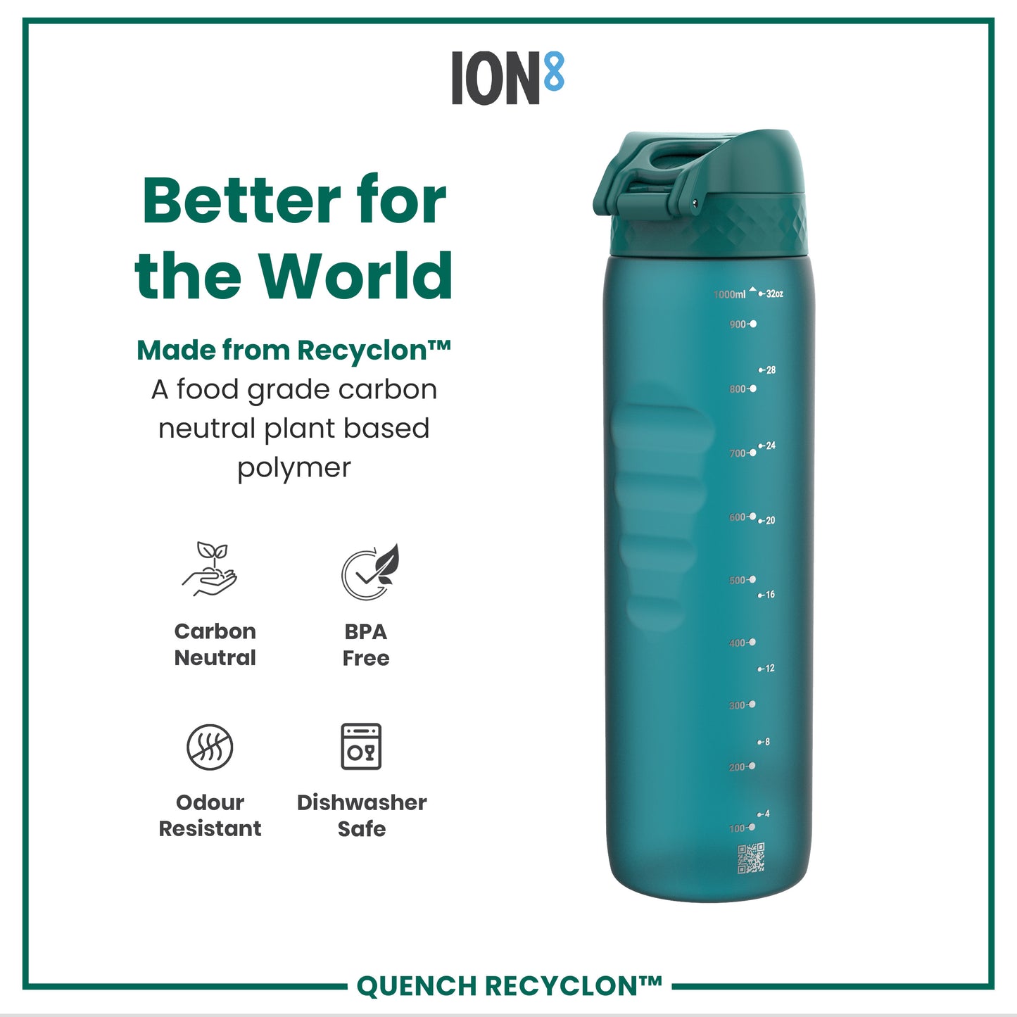 A teal water bottle sits against a white background. The bottle displays volume markings and is made from a plant-based polymer. It is described as carbon neutral, BPA free, odour resistant and dishwasher safe. The text "Better for the World," "Made from Recyclon™," "ION8," and "Quench Recyclon™" are also present.