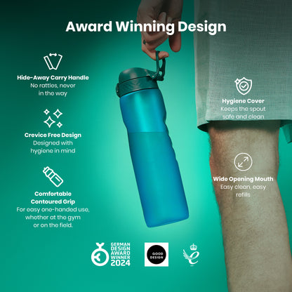 A teal water bottle is held by a person. Features include a hide-away handle, crevice-free design, hygiene cover, contoured grip, and wide mouth. It's an award-winning design.