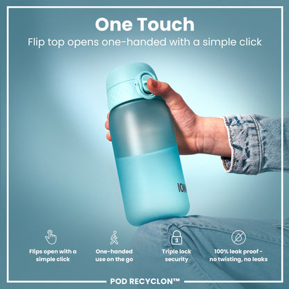 A light blue water bottle with a flip top is being held; its lid is opened with one hand. The background is a teal color; text highlights features like one-handed use and leak-proof design. POD RECYCLON™ is also visible.