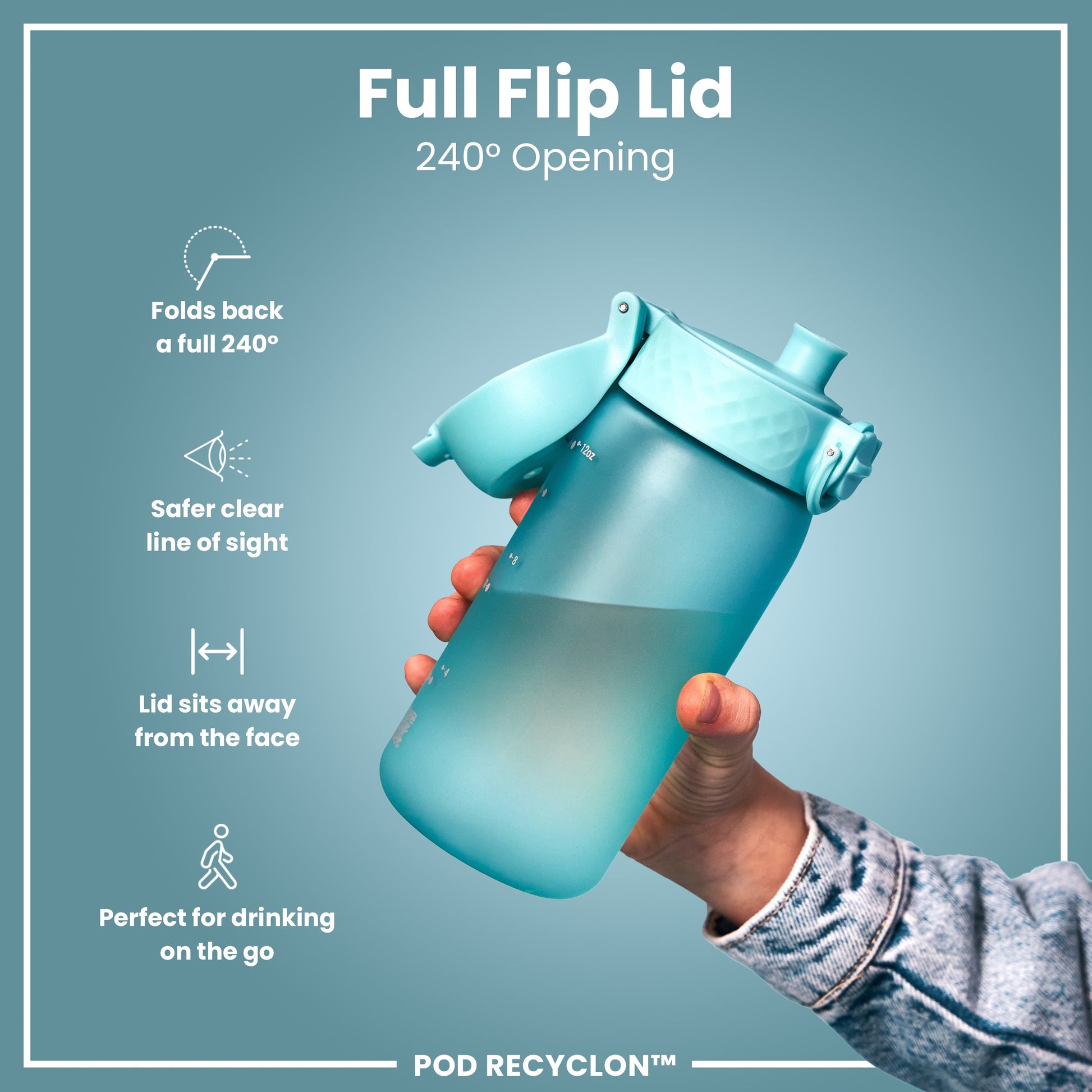 A teal water bottle with a full flip lid is held by a hand; the lid opens 240 degrees. The bottle is shown against a blue background. The text reads: “Full Flip Lid 240° Opening,” “Folds back a full 240°,” “Safer clear line of sight,” “Lid sits away from the face,” “Perfect for drinking on the go,” “POD RECYCLON™.”