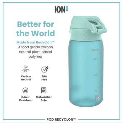 A light teal water bottle sits on a white background. It's made from Recyclon™, a plant-based polymer, and is BPA free, carbon neutral, odour resistant, and dishwasher safe. The bottle's capacity is 350ml (12oz).