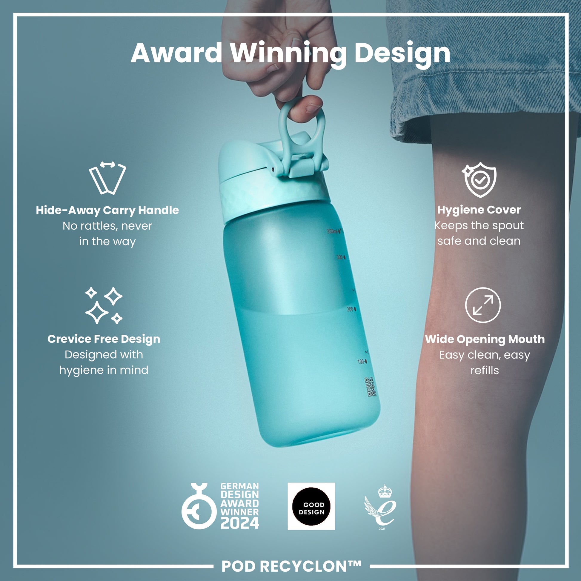 A light teal water bottle is held; it features a hide-away handle, hygiene cover, and wide mouth. Award-winning design, noted.