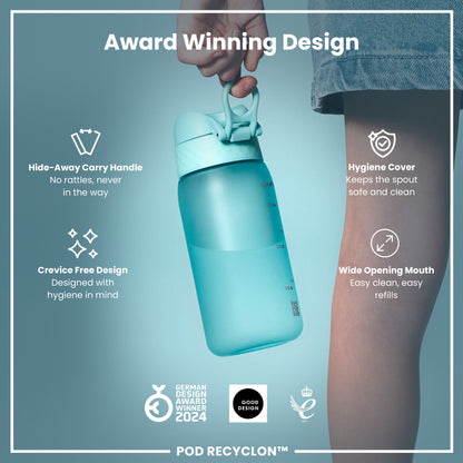 A light teal water bottle is held; it features a hide-away handle, hygiene cover, and wide mouth. Award-winning design, noted.