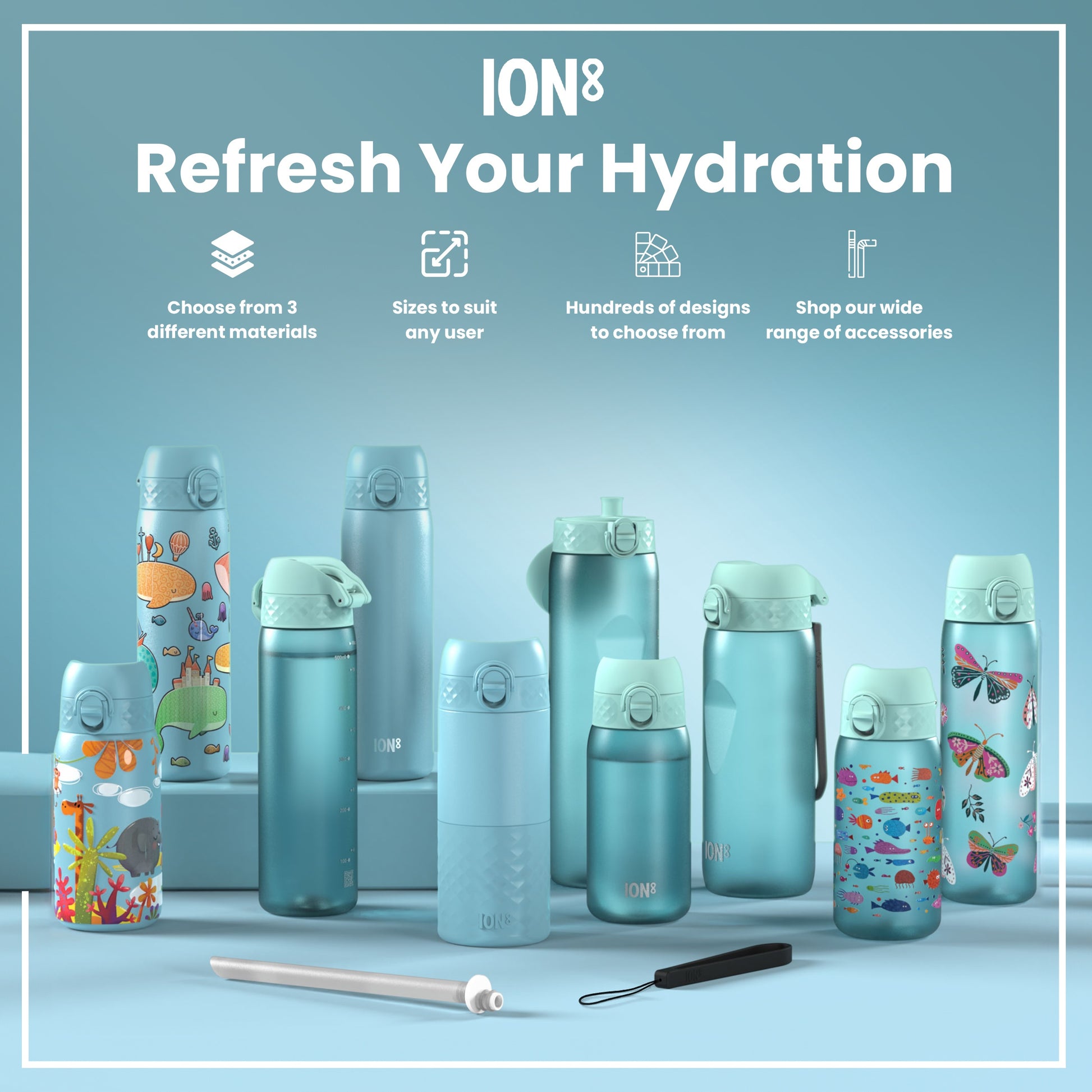 Several pastel-blue water bottles, various sizes and designs, are displayed on a light-blue surface; accompanying text advertises material options, sizes, designs, and accessories.