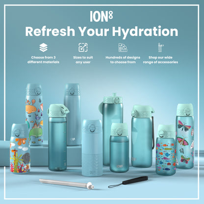 Several pastel-blue water bottles, various sizes and designs, are displayed on a light-blue surface; accompanying text advertises material options, sizes, designs, and accessories.