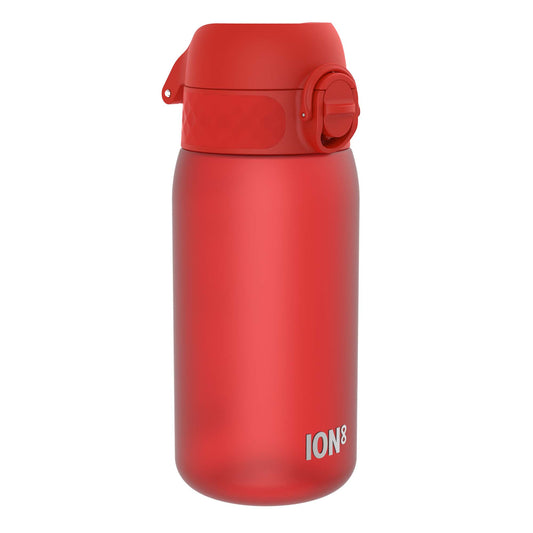 A red ION8 water bottle sits against a white background. The bottle has a hinged lid with a rotary closure.