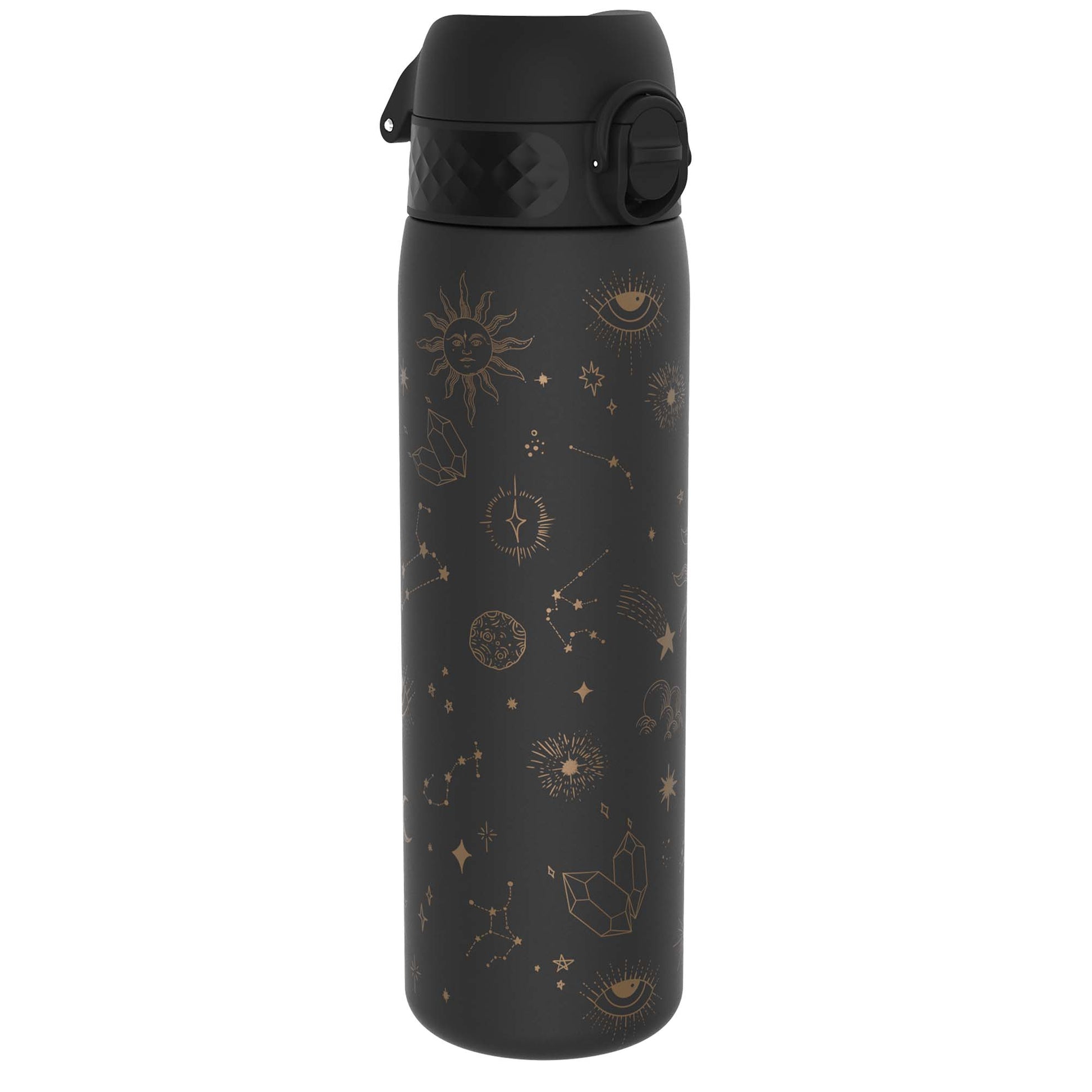 A black water bottle, adorned with gold celestial designs, stands on a white background.