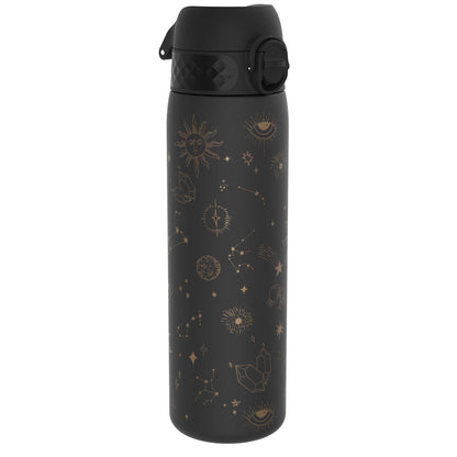 A black water bottle, adorned with gold celestial designs, stands on a white background.