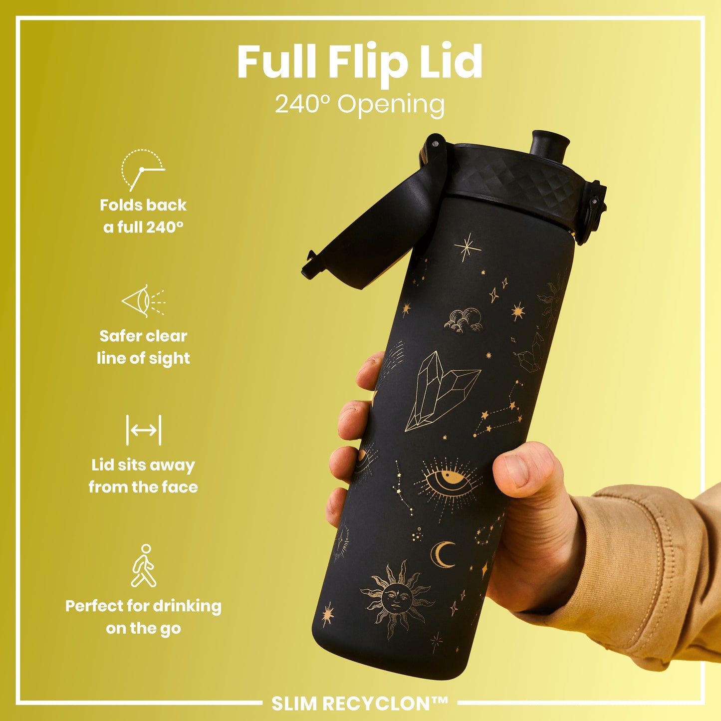 A black water bottle, adorned with gold celestial designs, is held; its full flip lid opens 240 degrees. The bottle's design facilitates easy, safe drinking on the go. It's called "SLIM RECYCLON™".