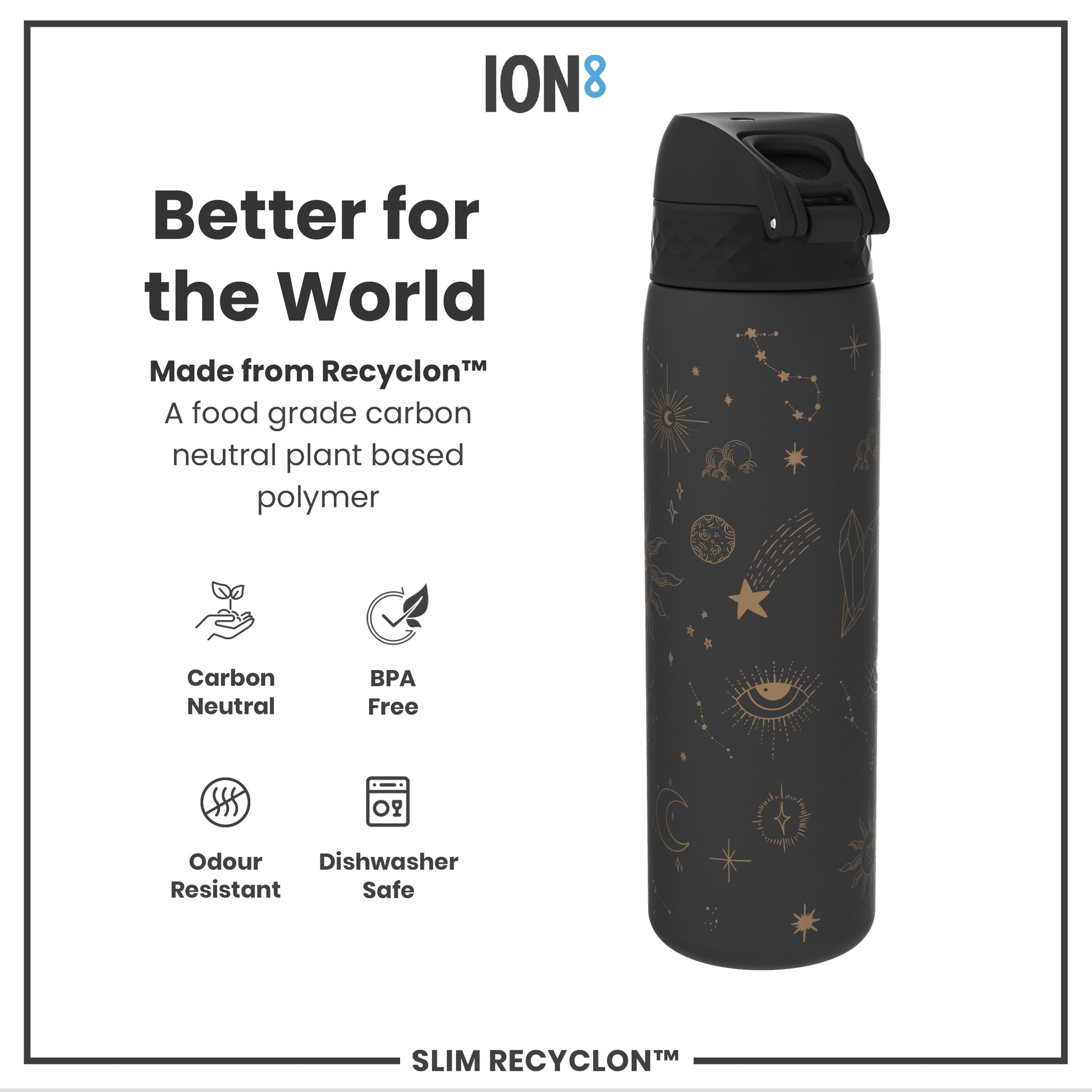 A dark-grey water bottle, adorned with gold celestial designs, sits against a white background. It's made from a plant-based polymer, and is BPA free, odour resistant, and dishwasher safe. The bottle is advertised as "Better for the World."