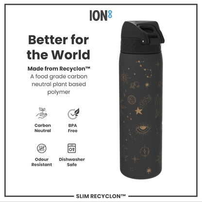 A dark-grey water bottle, adorned with gold celestial designs, sits against a white background. It's made from a plant-based polymer, and is BPA free, odour resistant, and dishwasher safe. The bottle is advertised as "Better for the World."