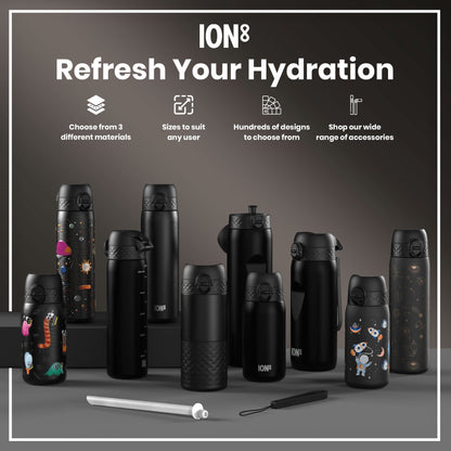 Several ION8 water bottles, in various sizes and designs, are displayed on a gray surface. They are primarily black, some with space-themed illustrations. Accompanying text promotes the product line's material options, sizing, design variety, and accessories.