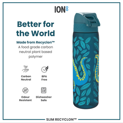 Leak Proof Slim Water Bottle, Recyclon, Dinosaurs, 500ml (18oz)