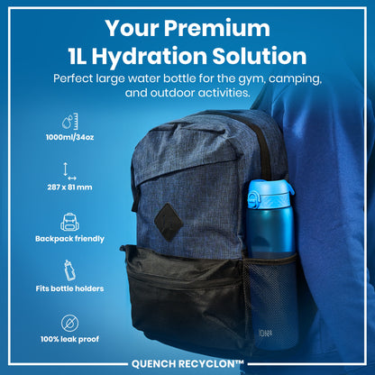 A blue water bottle fits inside a backpack's side pocket; it's marketed as a premium 1L hydration solution for gym, camping, and outdoor use; features include 1000ml/34oz capacity, backpack-friendliness, and leak-proof design.