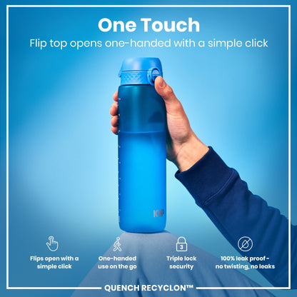 A blue water bottle is held; its flip top opens one-handed. The background is a solid blue; text highlights the bottle's features, including "One Touch," "Flips open with a simple click," "One-handed use on the go," "Triple lock security," and "100% leak proof - no twisting, no leaks," and "QUENCH RECYCLON™".