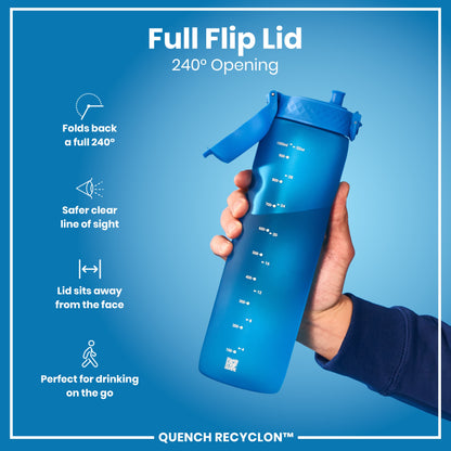 A blue water bottle with a full flip lid is held by a hand against a blue background. The lid folds back 240°. Measurements in milliliters and ounces are printed on the bottle. QUENCH RECYCLON™ is also printed on the bottle.