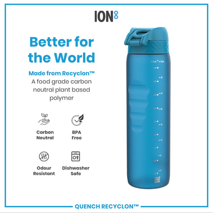 A blue water bottle sits against a white background; it is made from a plant-based polymer, and features volume markings. Better for the World. Made from Recyclon™. A food grade carbon neutral plant based polymer. Carbon Neutral. BPA Free. Odour Resistant. Dishwasher Safe. Quench Recyclon™.