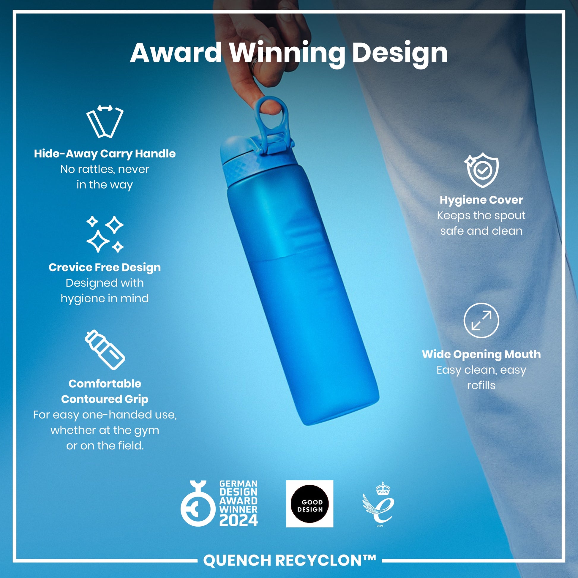 A blue water bottle is held, showcasing its features: hide-away handle, crevice-free design, contoured grip, hygiene cover, and wide mouth. It's an award-winning design.