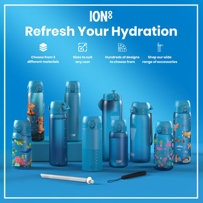 Several ION8 water bottles, of varying sizes and designs, are displayed on a blue surface. Accessories are also shown. The scene promotes hydration.