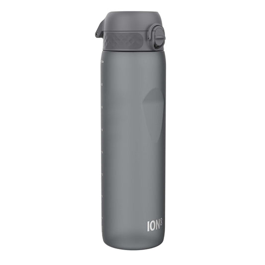 A dark gray water bottle stands upright against a white background. ION8 is printed on the bottle. Measurement markings are visible on the side.