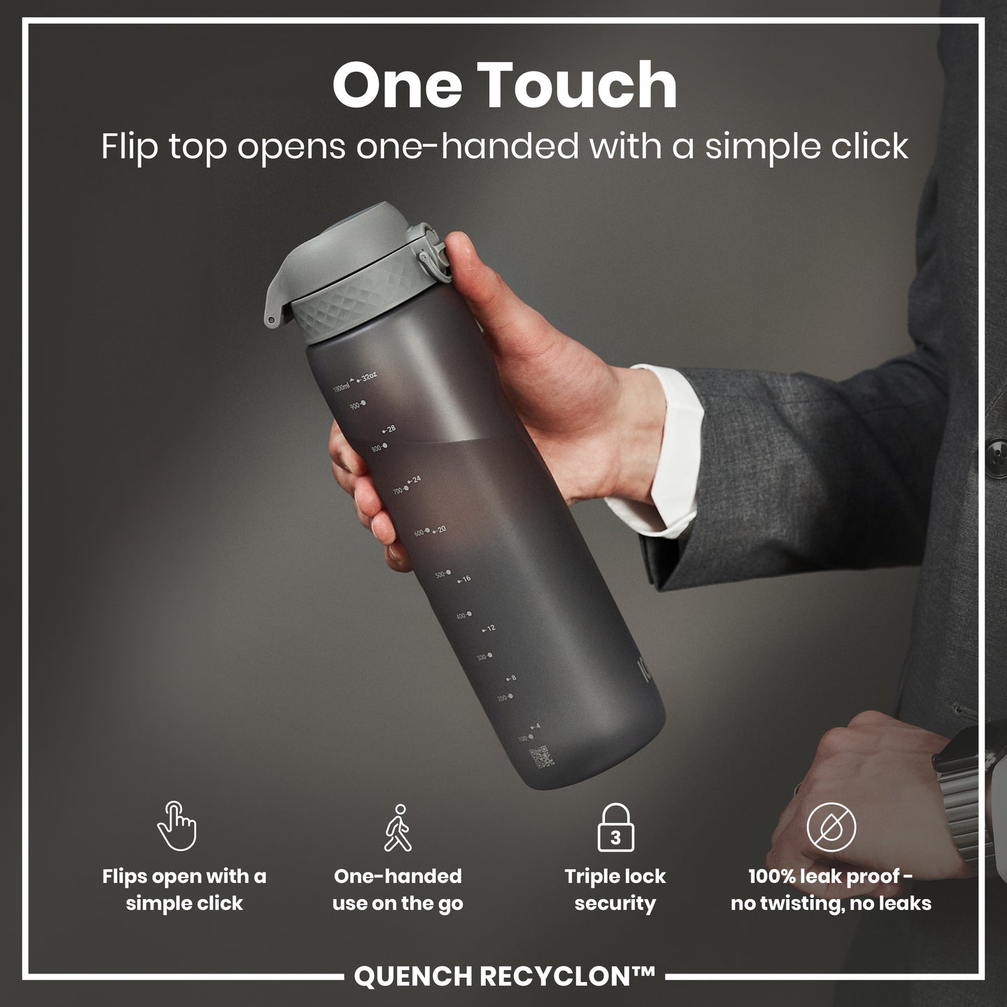 Leak Proof 1 litre Water Bottle, Recyclon, Grey