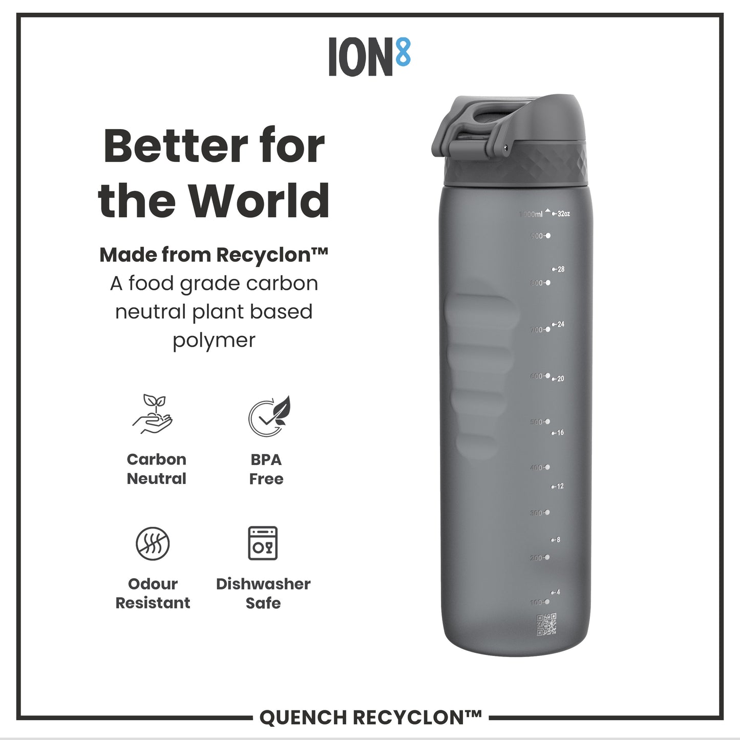 Leak Proof 1 litre Water Bottle, Recyclon, Grey