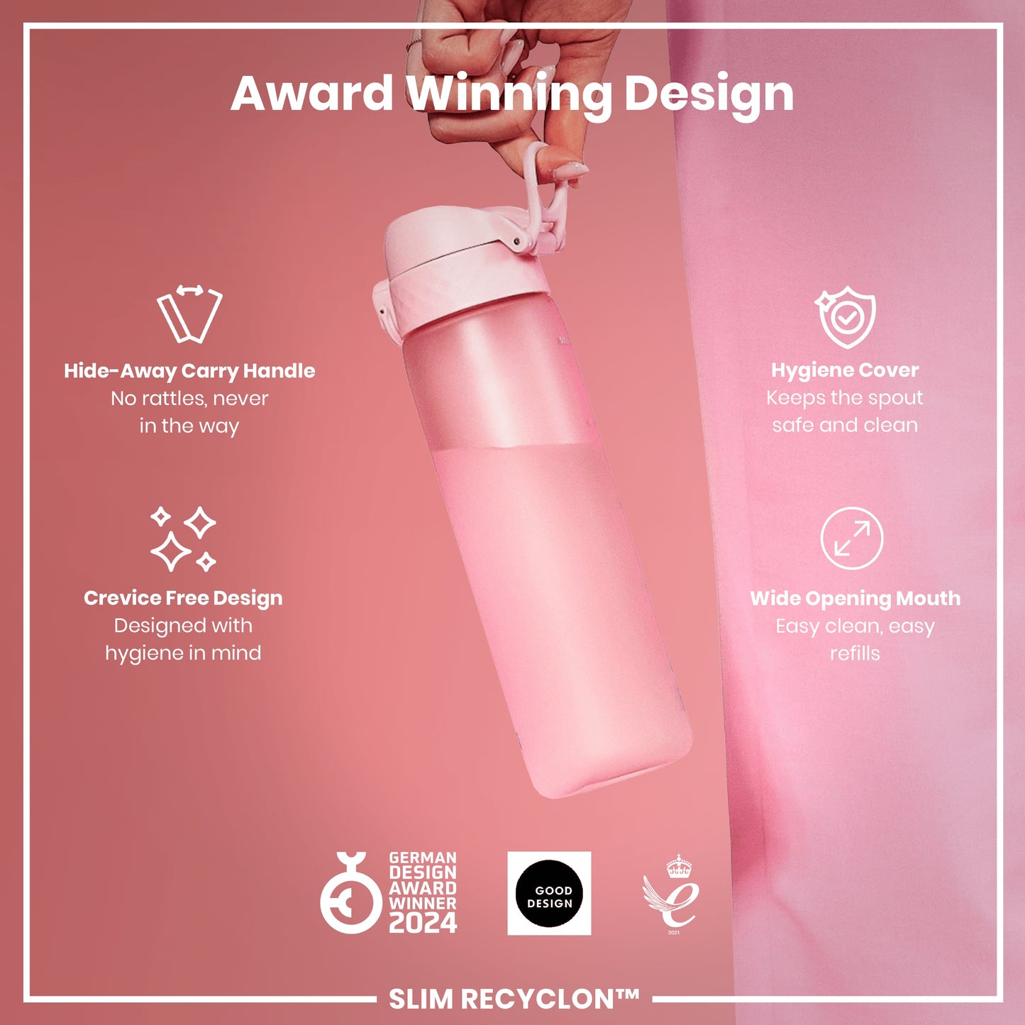 Leak Proof Slim Water Bottle, Recyclon, Rose Quartz, 500ml (18oz)