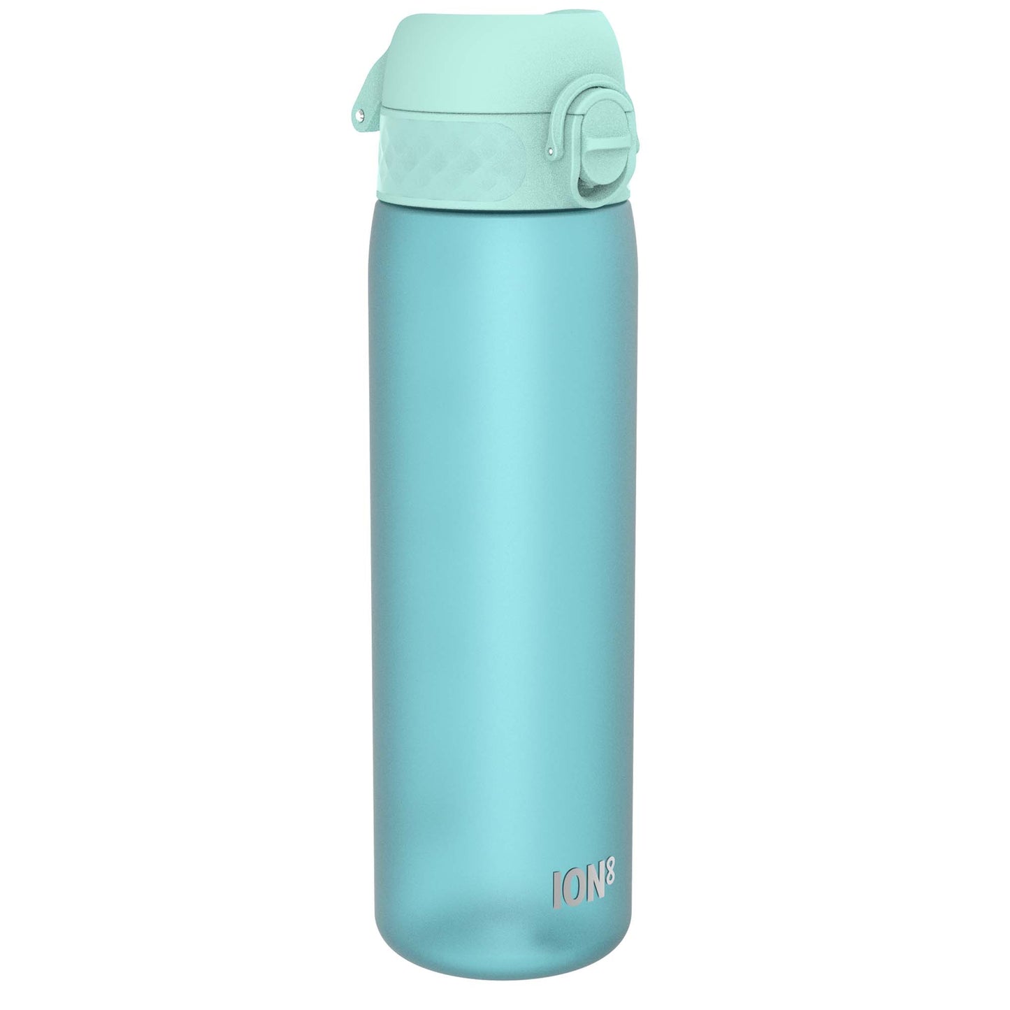 A light teal water bottle, with a light teal screw-on lid, sits against a white background. ION8 is printed on the bottle.