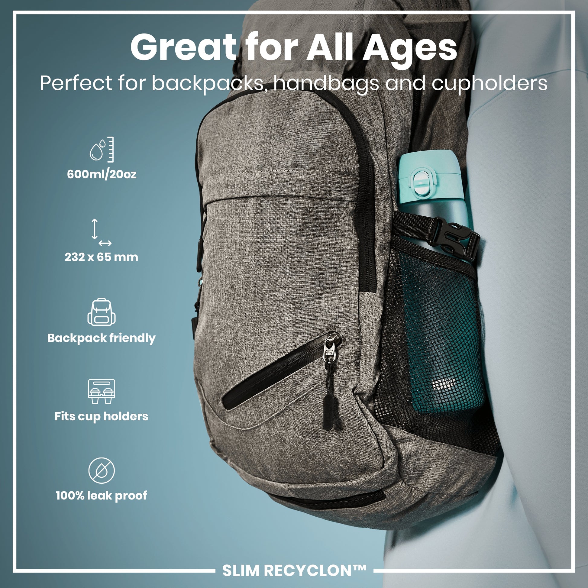 A gray backpack holds a teal water bottle. The bottle is in a mesh pocket. Specifications are provided: 600ml/20oz, 232 x 65 mm, backpack and cupholder compatible, 100% leak proof. "SLIM RECYCLON™" is also noted.