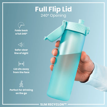 A light teal water bottle with a flip lid is held; the lid is open, showing a 240° opening. The bottle is labeled “SLIM RECYCLON™”.