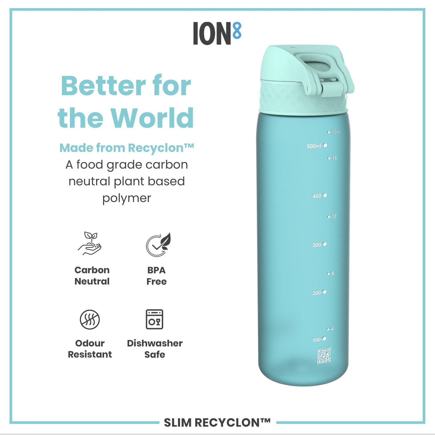 A light teal water bottle sits against a white background; it's made of a plant-based polymer and shows measurement markings. The bottle is BPA-free, odor-resistant, and dishwasher-safe. Accompanying text advertises its eco-friendly qualities.