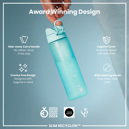 A light teal water bottle is being held; it features a hideaway handle and a hygienic cover. The bottle is award-winning, with a crevice-free design and wide mouth for easy cleaning and refilling. The text also states that it is a "Slim Recyclon".