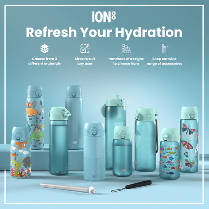 Several water bottles, displaying various sizes and designs, are arranged on a light-blue surface. Choose from 3 different materials. Sizes to suit any user. Hundreds of designs to choose from. Shop our wide range of accessories.