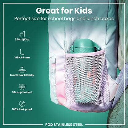 A teal water bottle fits inside a mesh pocket of a pastel-colored backpack; it's lunchbox and cup holder friendly, leakproof, and 350ml/12oz.