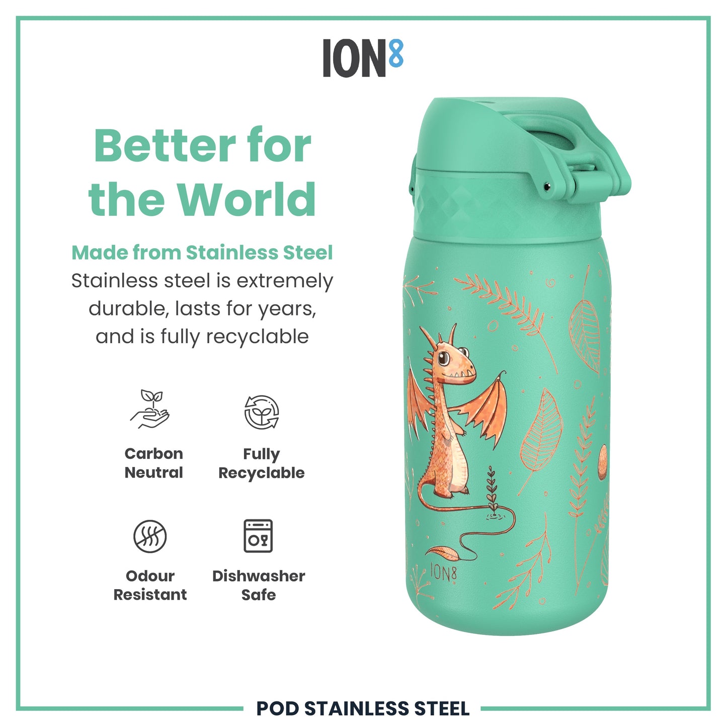 A teal stainless steel water bottle, featuring a dragon design, sits against a white background; it is described as carbon neutral, fully recyclable, odour resistant, and dishwasher safe.