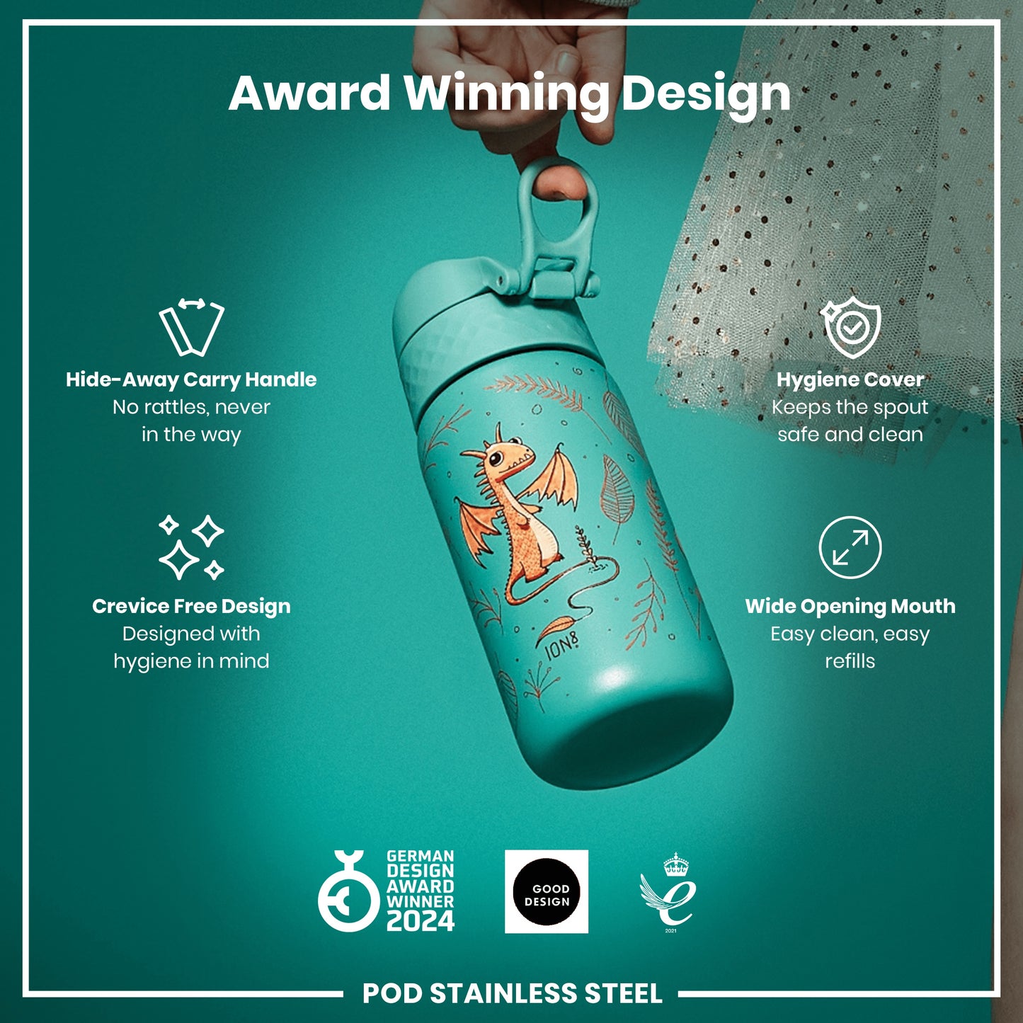 A teal water bottle, being held, features a dragon design. It has a hide-away handle, crevice-free design, hygiene cover, and wide mouth. Awards are noted.