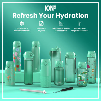 Several teal-colored water bottles, varying in size and design, are displayed on a teal surface. They showcase different materials and designs. Accompanying text promotes ION8 hydration products and accessories.