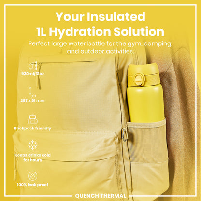 Leak Proof 1 Litre Thermal Water Bottle, Insulated Steel, Yellow, 1L