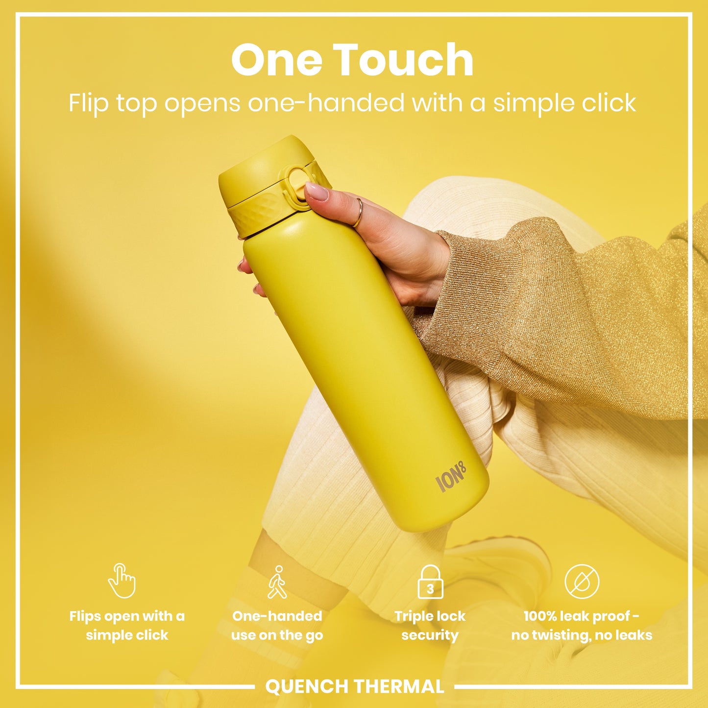 Leak Proof 1 Litre Thermal Water Bottle, Insulated Steel, Yellow, 1L