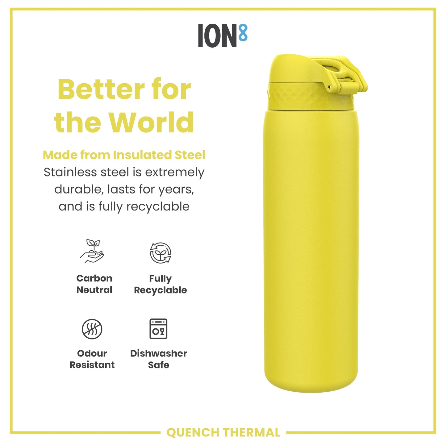 Leak Proof 1 Litre Thermal Water Bottle, Insulated Steel, Yellow, 1L