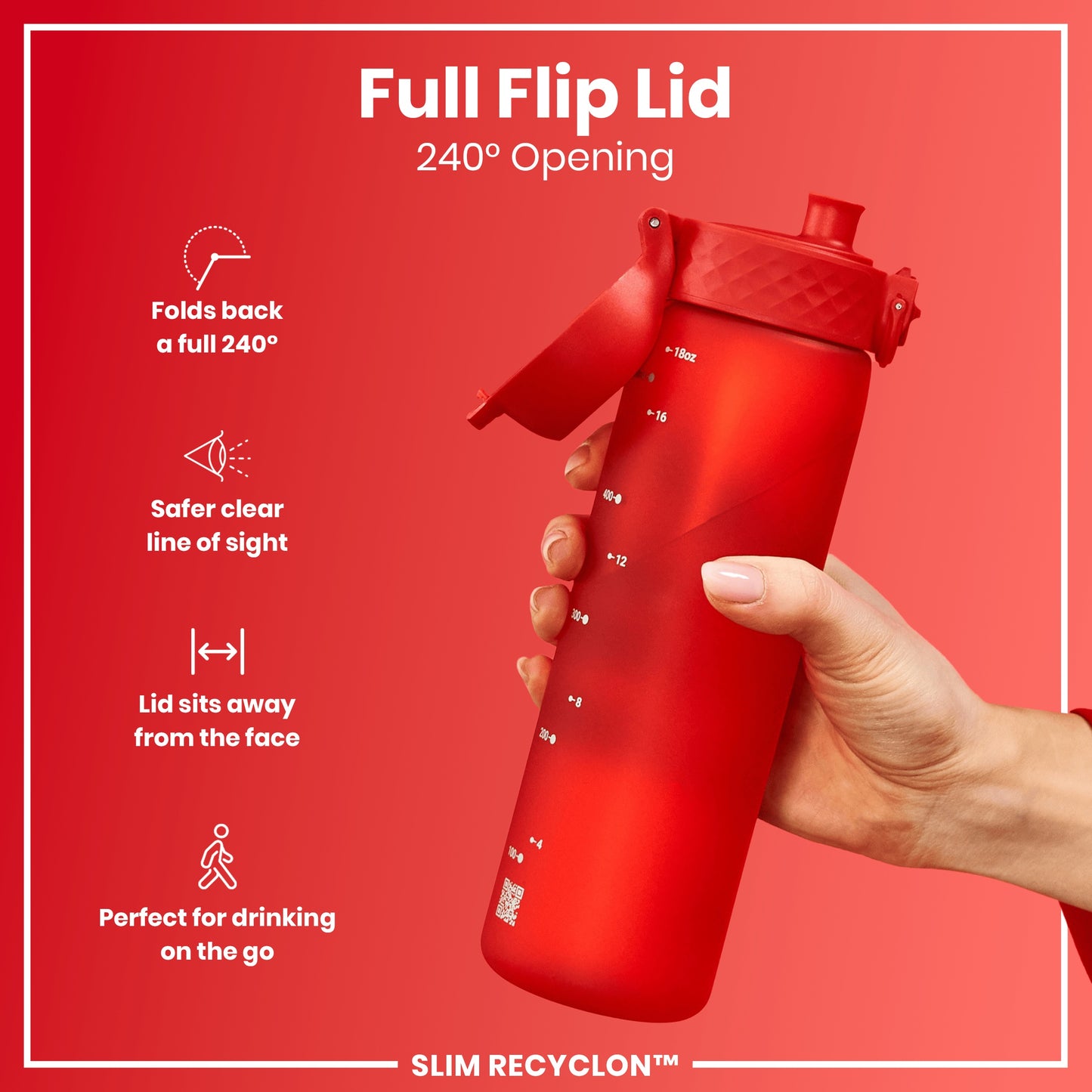 Leak Proof Slim Water Bottle, Recyclon, Red, 500ml (18oz)