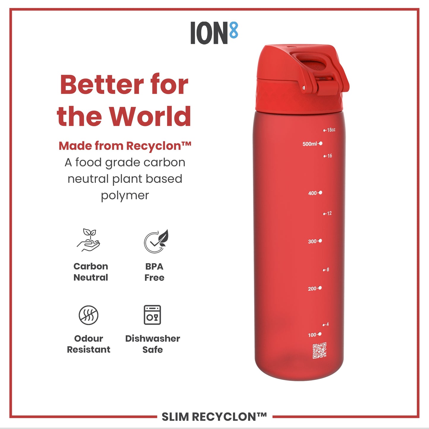 Leak Proof Slim Water Bottle, Recyclon, Red, 500ml (18oz)