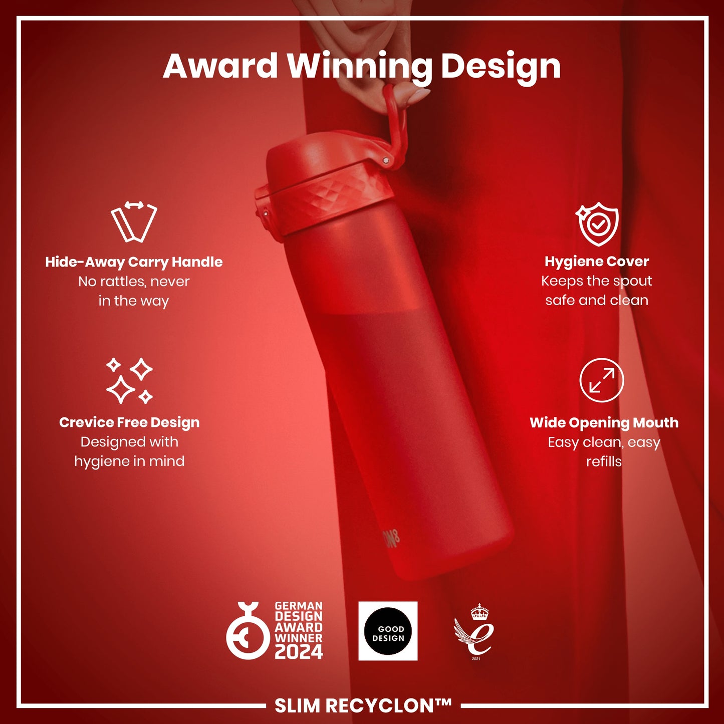 Leak Proof Slim Water Bottle, Recyclon, Red, 500ml (18oz)