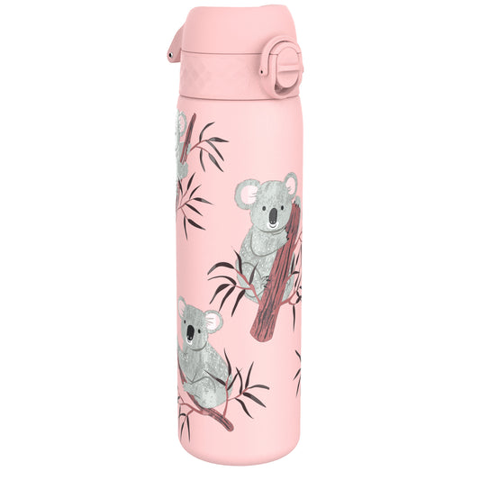 A pink water bottle, featuring koala bears on branches, stands upright against a white background.