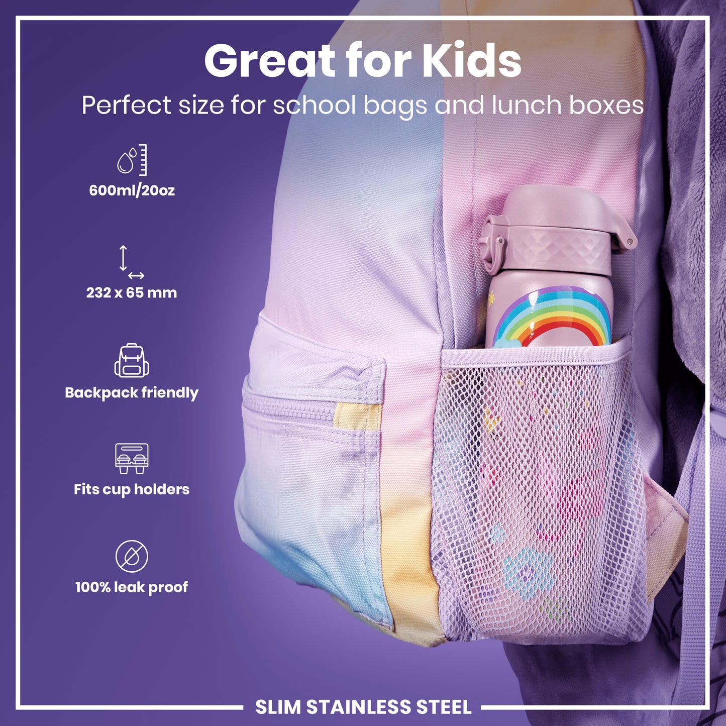 Leak Proof Slim Water Bottle, Stainless Steel, Unicorns, 600ml (20oz)